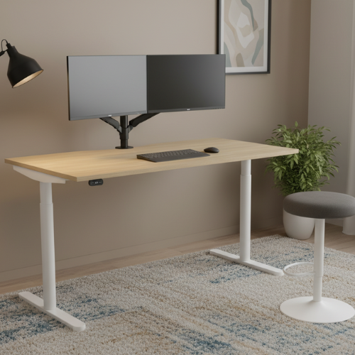 RoundE Electric Dual Motor Height Adjustable Rectangular Home Office Sit Stand Desk Dual Purpose Scallop Top W1600xD800xH650-1150mm Urban Oak Top White Frame 10 Year Warranty